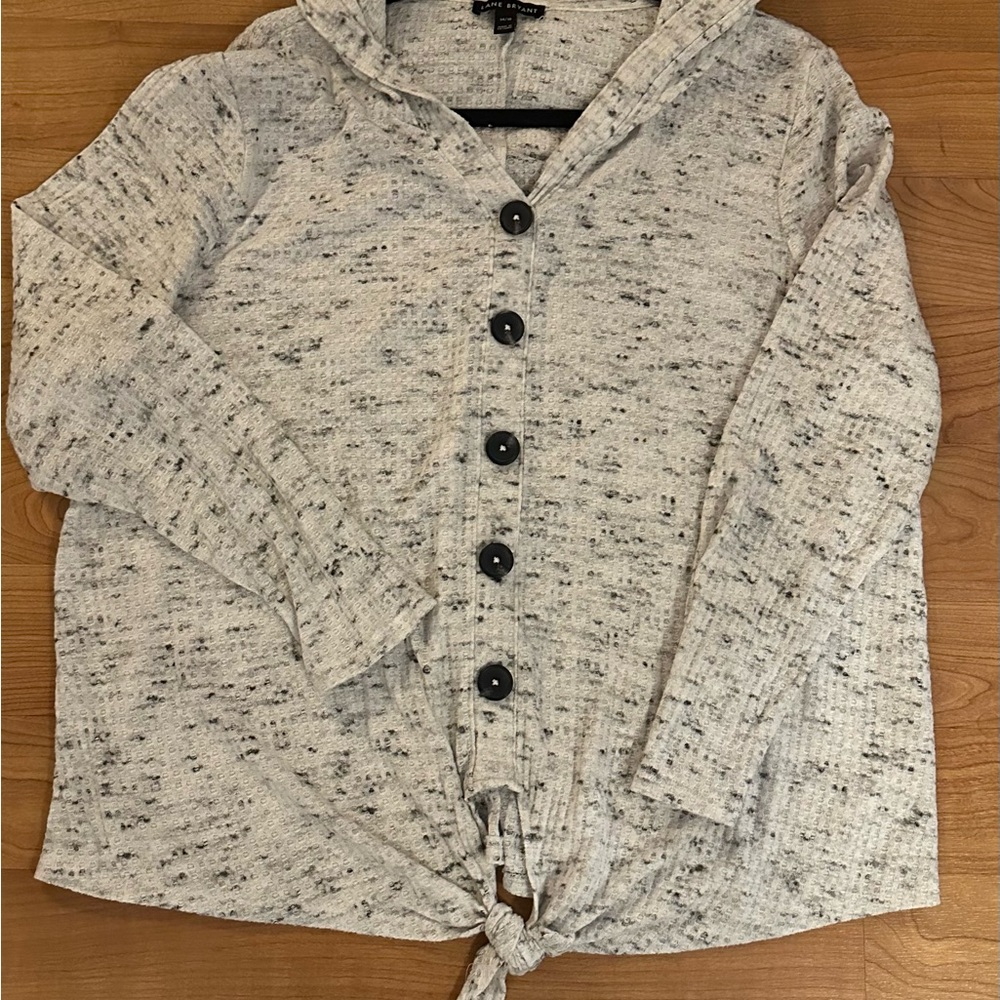 Lane Bryant 14/16 Waffle Knit Hoodie.  Button Front Tie Hem Lightweight Neutral